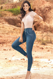 JF1796 JEAN SKINNY TRES BOTONES PRETINA ANATOMICA TONO VERDOSO CON DETALLE BORDADO EN BOTA