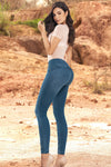 JF1796 JEAN SKINNY TRES BOTONES PRETINA ANATOMICA TONO VERDOSO CON DETALLE BORDADO EN BOTA