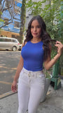 JF1326 JEAN SKINNY PRETINA ANATÓMICA 3 BOTONES CON CINTURÓN AZUL DIRTY