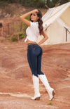 JF1779 JEAN SKINNY TRES BOTONES PUSH UP AZUL OSCURO BOTA PITILLO DISENOS SINTETICOS EN BOLSILLOS