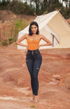 JF1777 JEAN SKINNY TRES BOTONES PUSH UP AZUL OSCURO DISENO EN PRETINA SINTETICO NARANJA