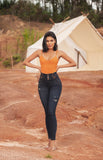JF1777 JEAN SKINNY TRES BOTONES PUSH UP AZUL OSCURO DISENO EN PRETINA SINTETICO NARANJA