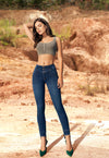JF1799 JEAN SKINNY TRES BOTONES PRETINA ANATOMICA CON BOTA DESFLECADA DETALLE BORDADO EN PRETINA